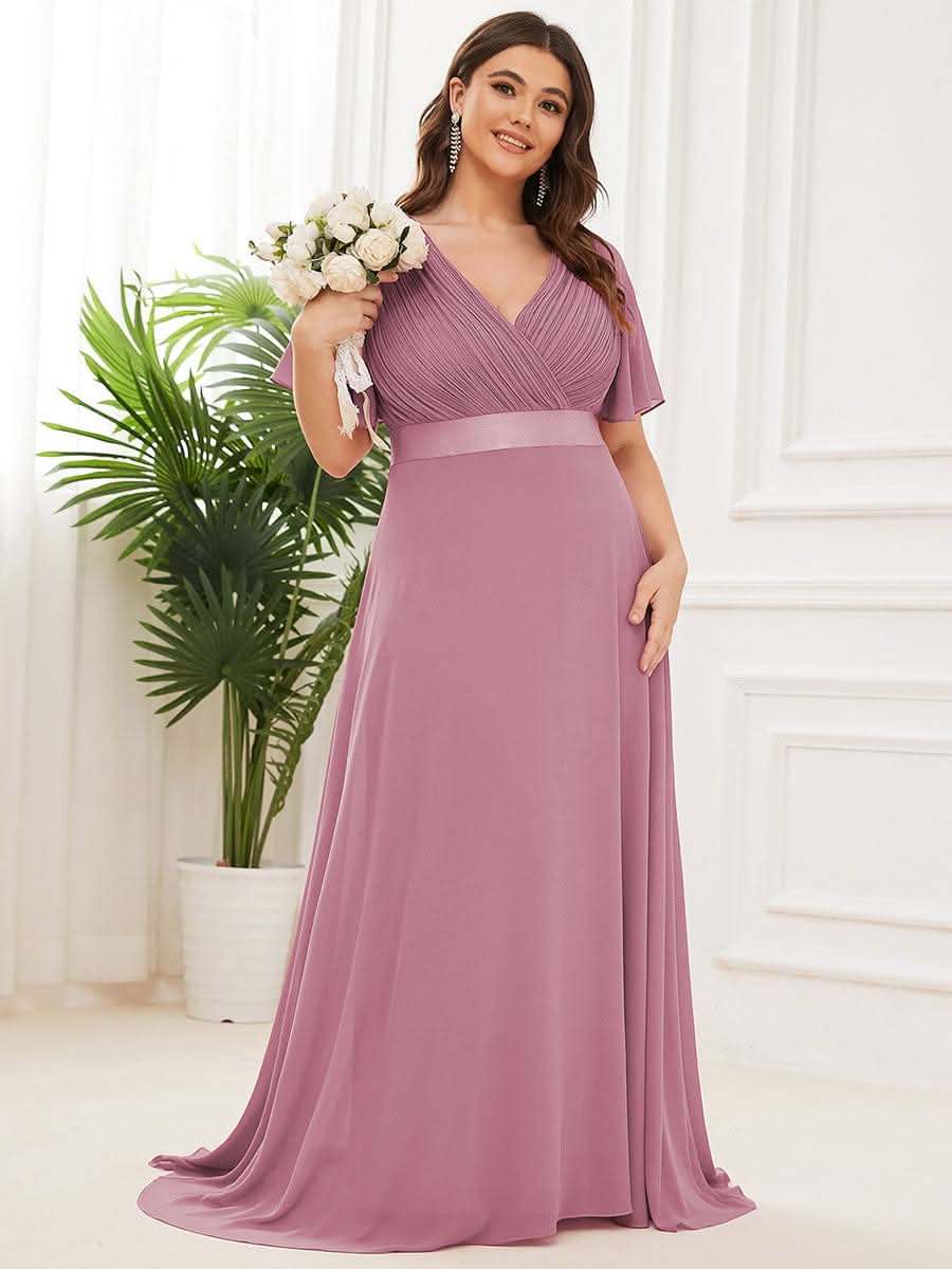 Plus Size Damen Chiffon V-Ausschnitt Lange Abendkleid mit Schleppe #Farbe_Orchid