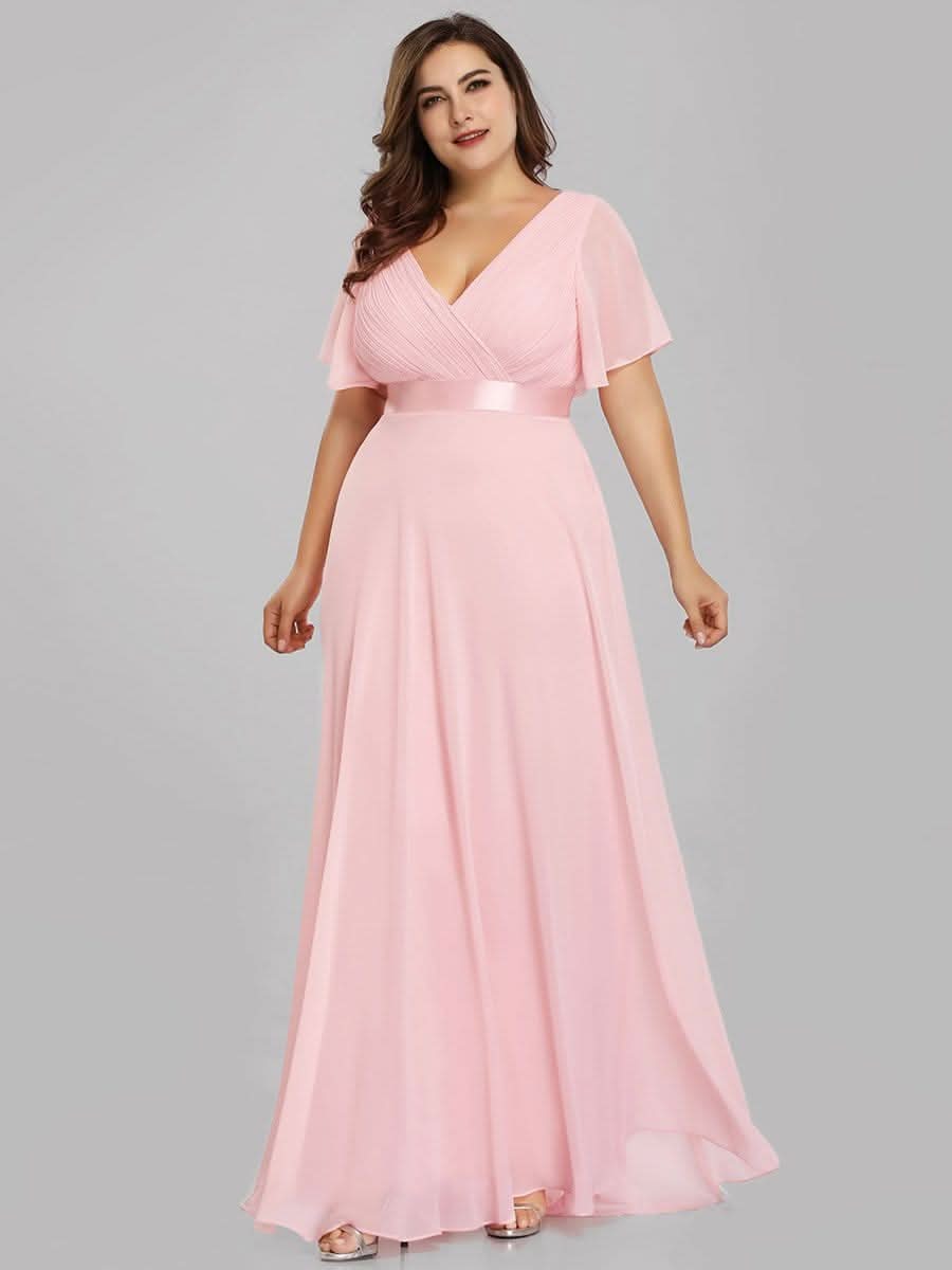 Plus Size Damen Chiffon V-Ausschnitt Lange Abendkleid mit Schleppe #Farbe_Rosa