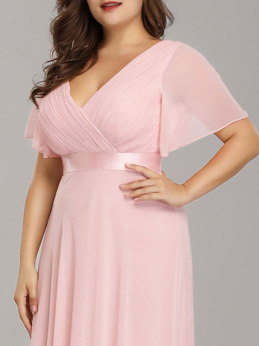 Plus Size Damen Chiffon V-Ausschnitt Lange Abendkleid mit Schleppe #Farbe_Rosa
