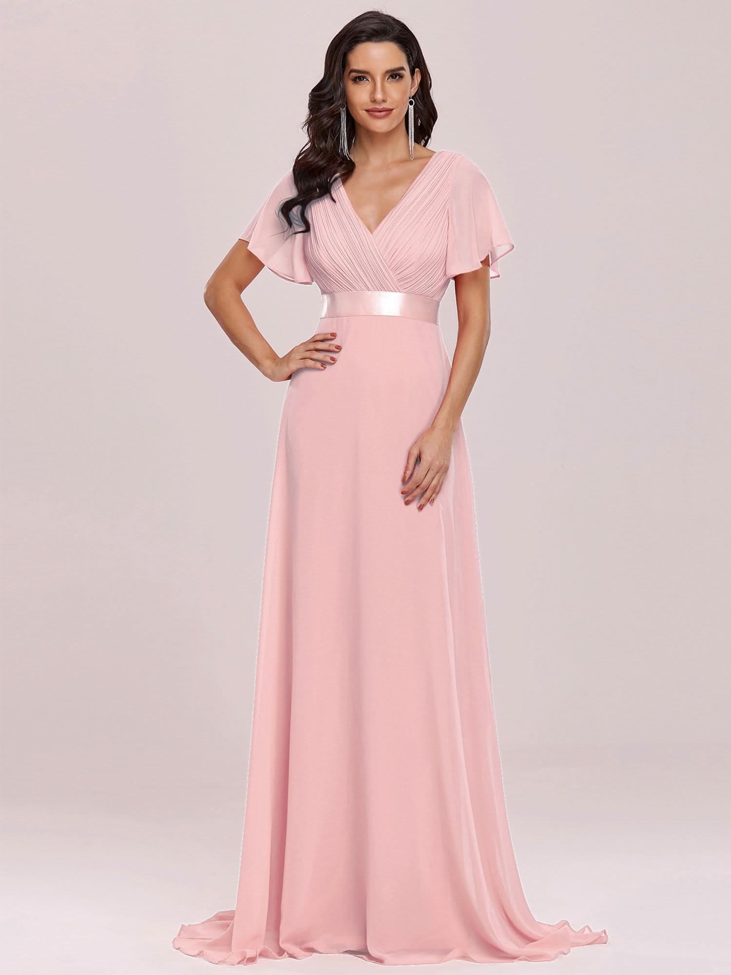 Damen V-Ausschnitt Chiffon Lange Abendkleider mit Schleppe #Farbe_Rosa