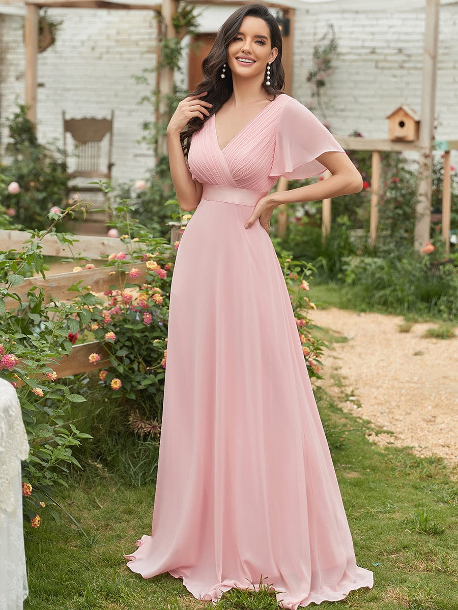Größe Nach Maß Damen V-Ausschnitt Lange Chiffon Abendkleider mit Schleppe #Farbe_Rosa