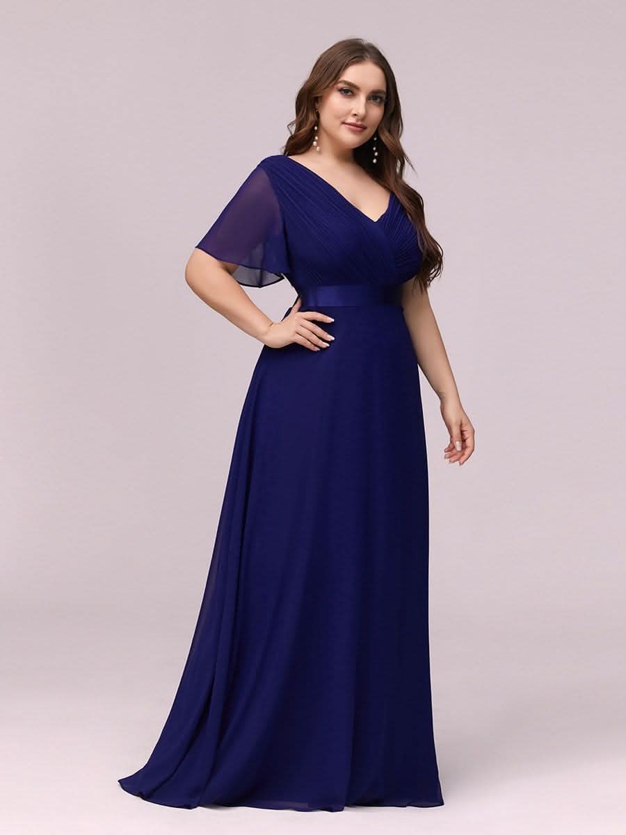 Plus Size Damen Chiffon V-Ausschnitt Lange Abendkleid mit Schleppe #Farbe_Koenigsblau