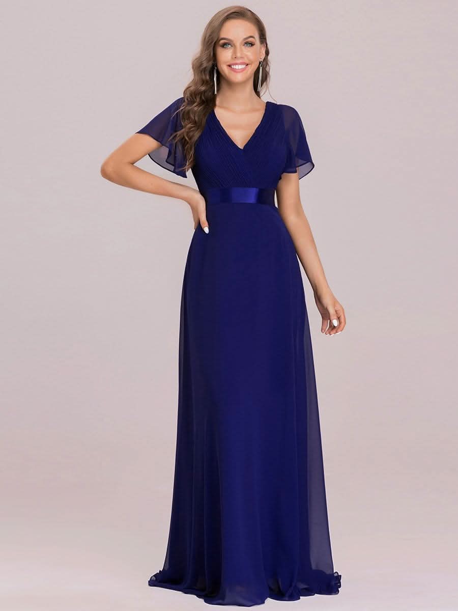 Damen V-Ausschnitt Chiffon Lange Abendkleider mit Schleppe #Farbe_Koenigsblau