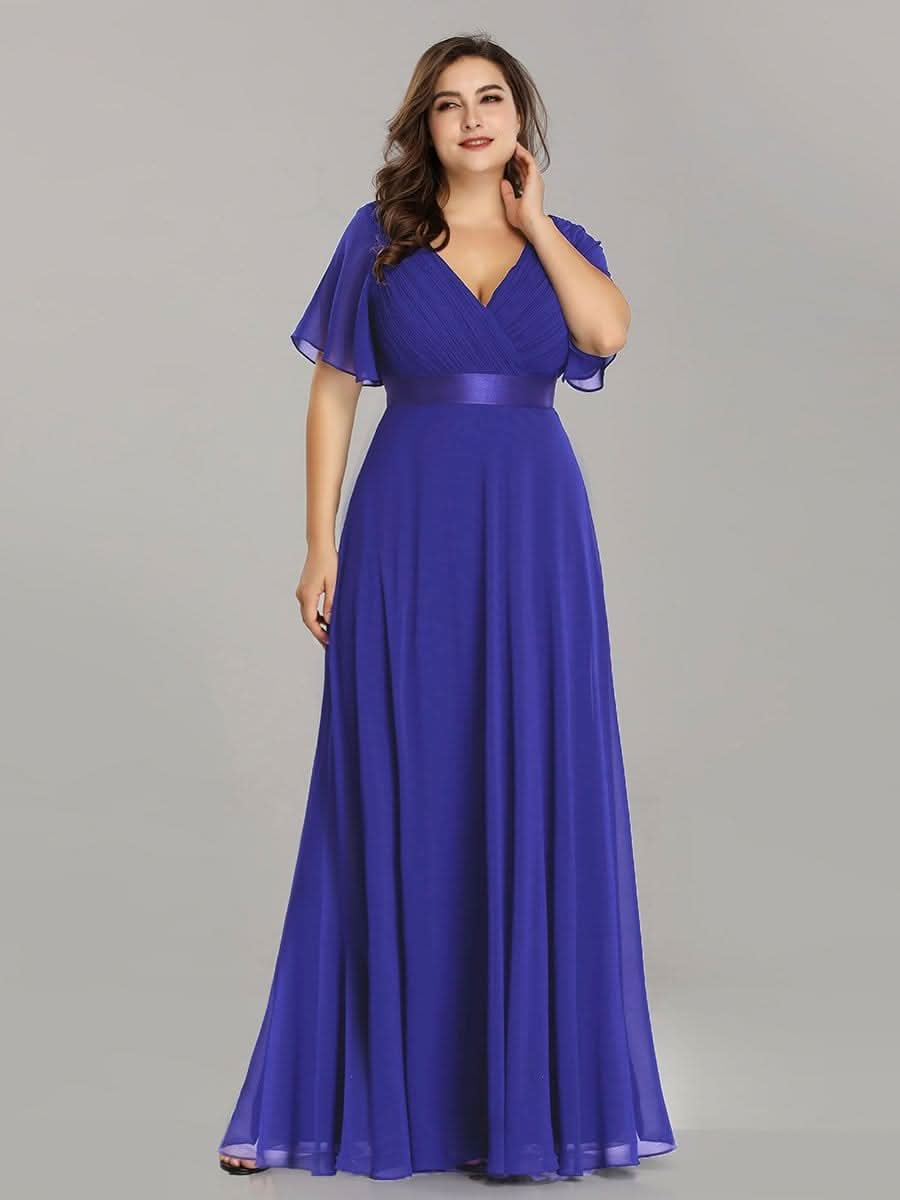 Plus Size Damen Chiffon V-Ausschnitt Lange Abendkleid mit Schleppe #Farbe_Saphirblau