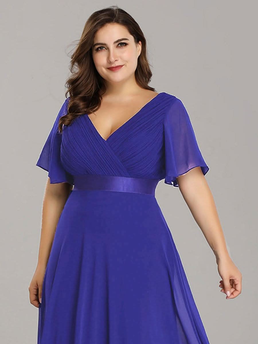 Plus Size Damen Chiffon V-Ausschnitt Lange Abendkleid mit Schleppe #Farbe_Saphirblau