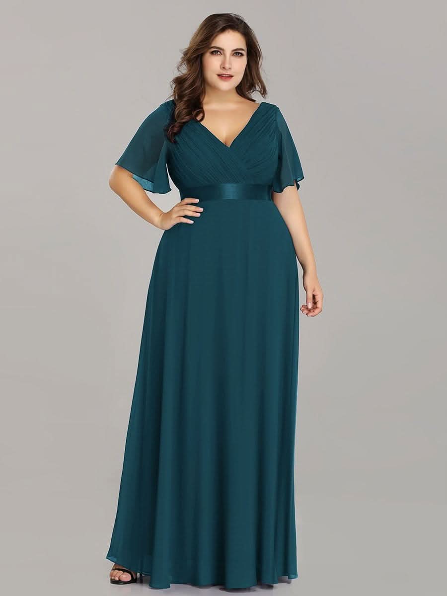 Plus Size Damen Chiffon V-Ausschnitt Lange Abendkleid mit Schleppe #Farbe_Teal