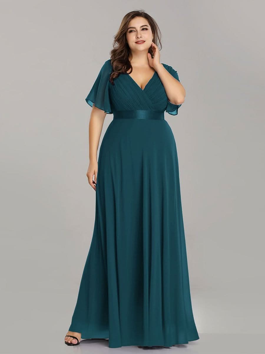 Plus Size Damen Chiffon V-Ausschnitt Lange Abendkleid mit Schleppe #Farbe_Teal