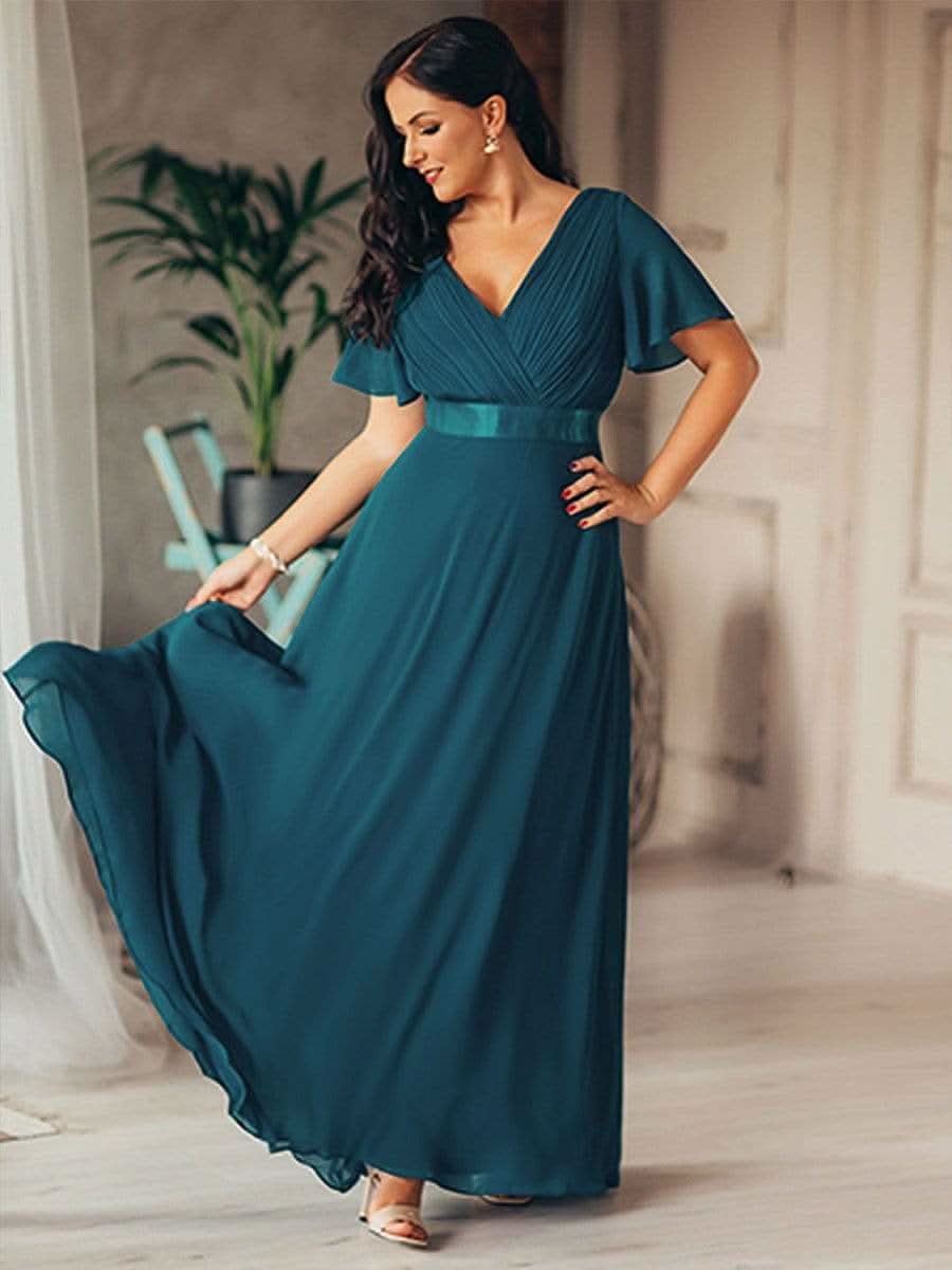 Langes Brautjungfernkleid mit Empire-Taille und kurzen, flatternden Ärmeln #Farbe_Teal