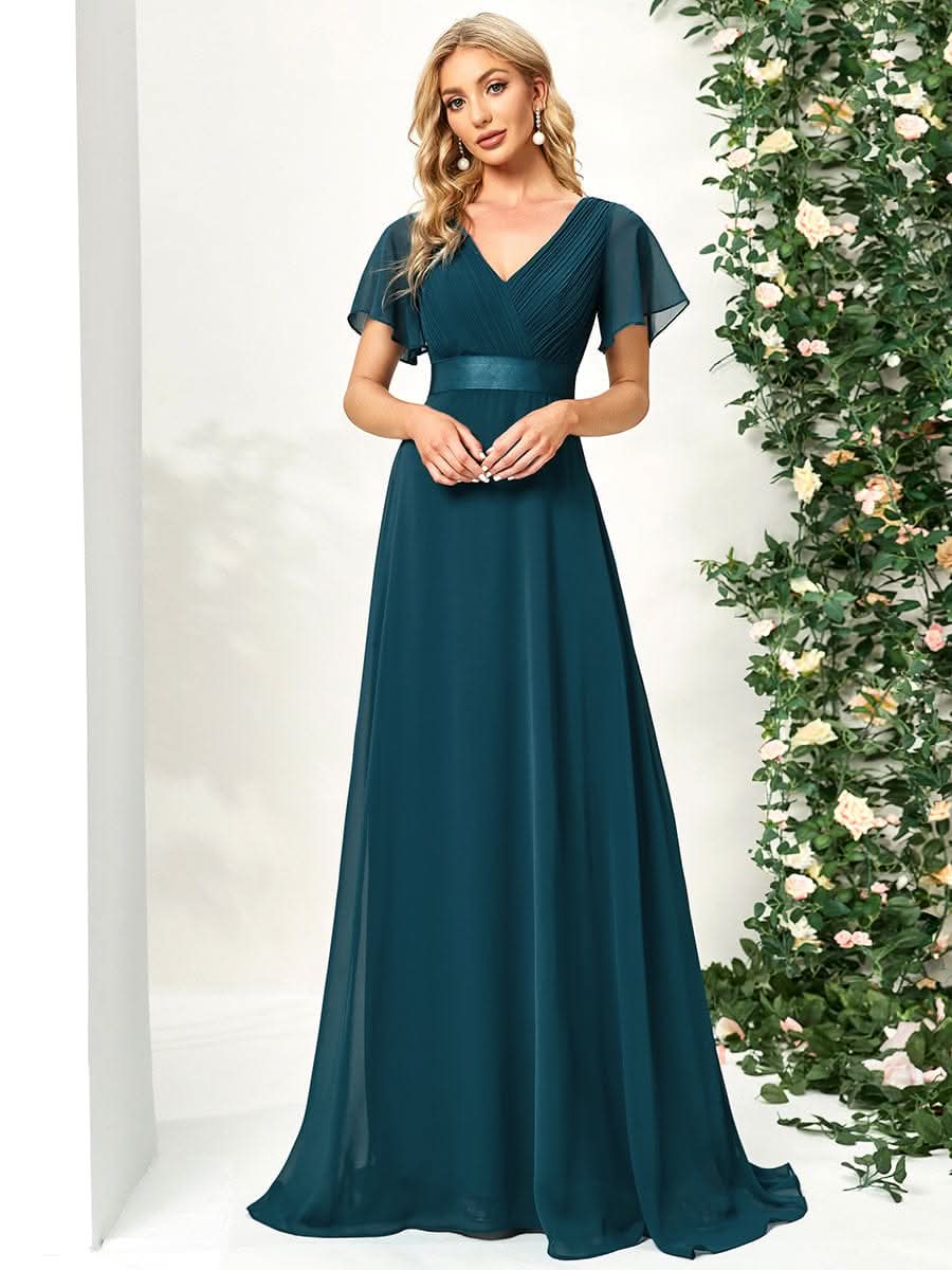 KurzÄrmliges Empire-Taille Brautmutterkleider in A-Linie mit V-Ausschnitt #Farbe_Teal
