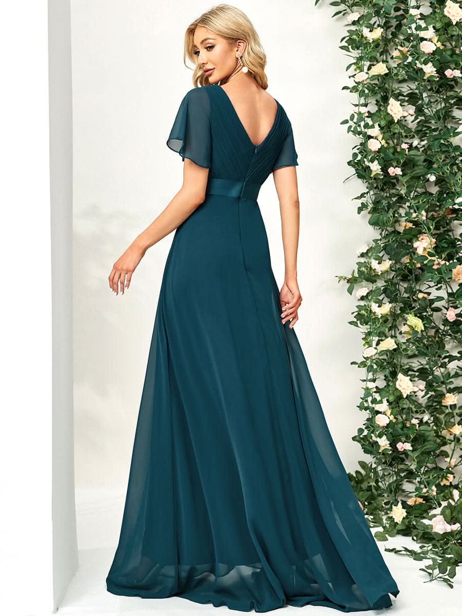 KurzÄrmliges Empire-Taille Brautmutterkleider in A-Linie mit V-Ausschnitt #Farbe_Teal