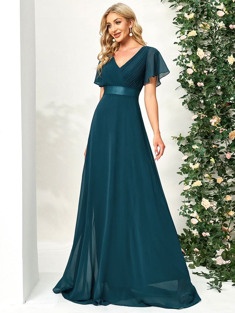 KurzÄrmliges Empire-Taille Brautmutterkleider in A-Linie mit V-Ausschnitt #Farbe_Teal