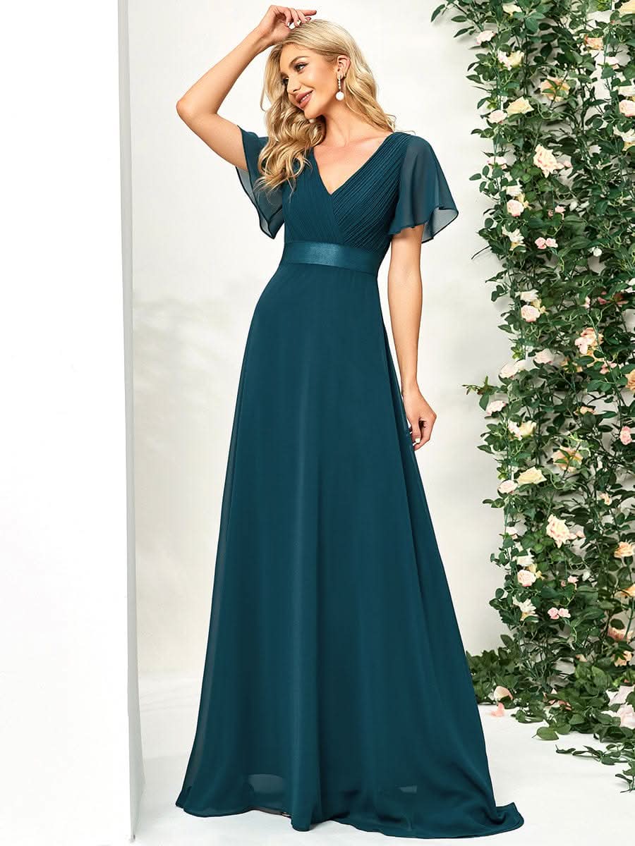 KurzÄrmliges Empire-Taille Brautmutterkleider in A-Linie mit V-Ausschnitt #Farbe_Teal
