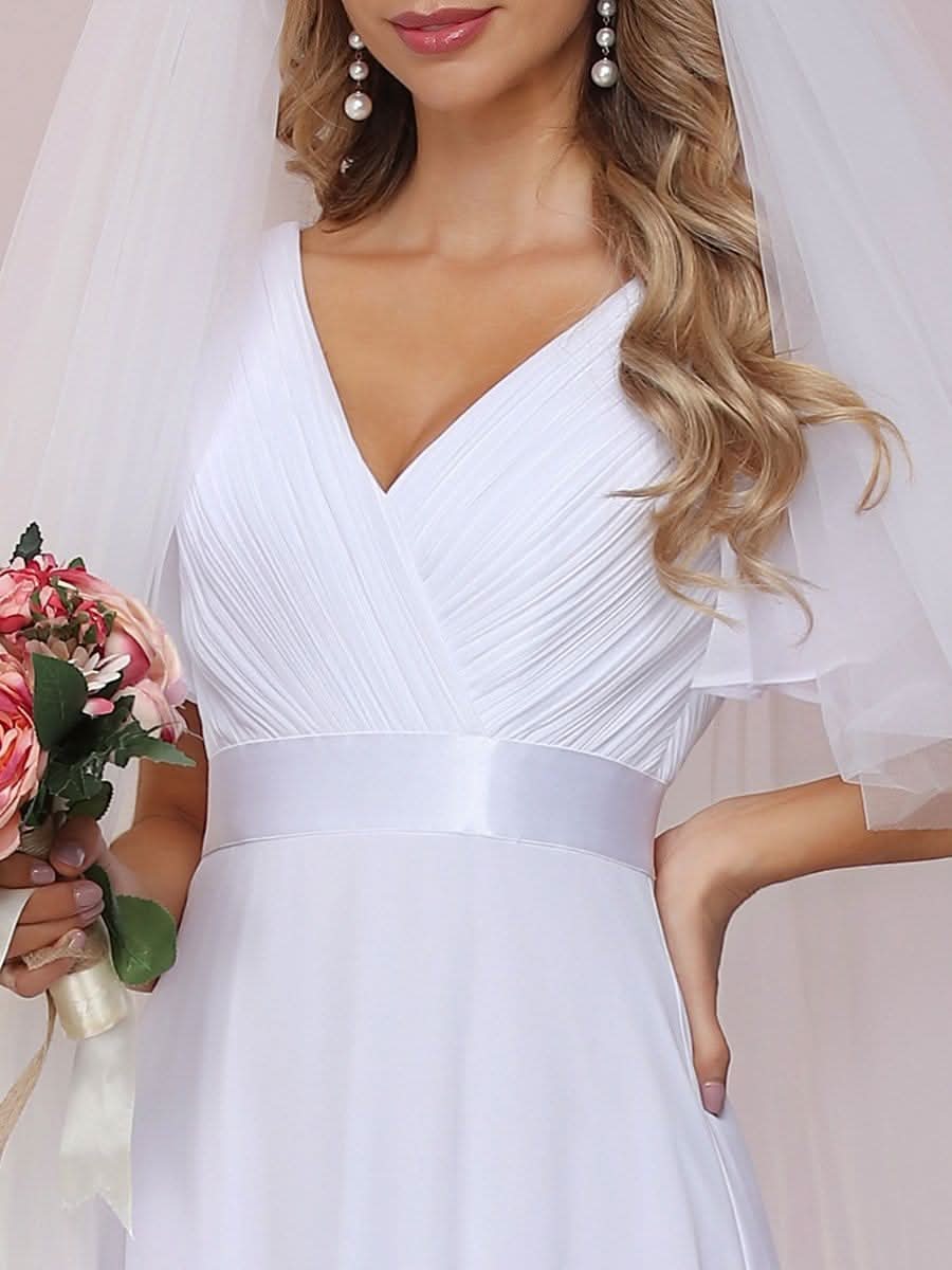 Minimalistisches A-Line Maxi Chiffon Brautkleid mit Satingürtel #Farbe_Weiss