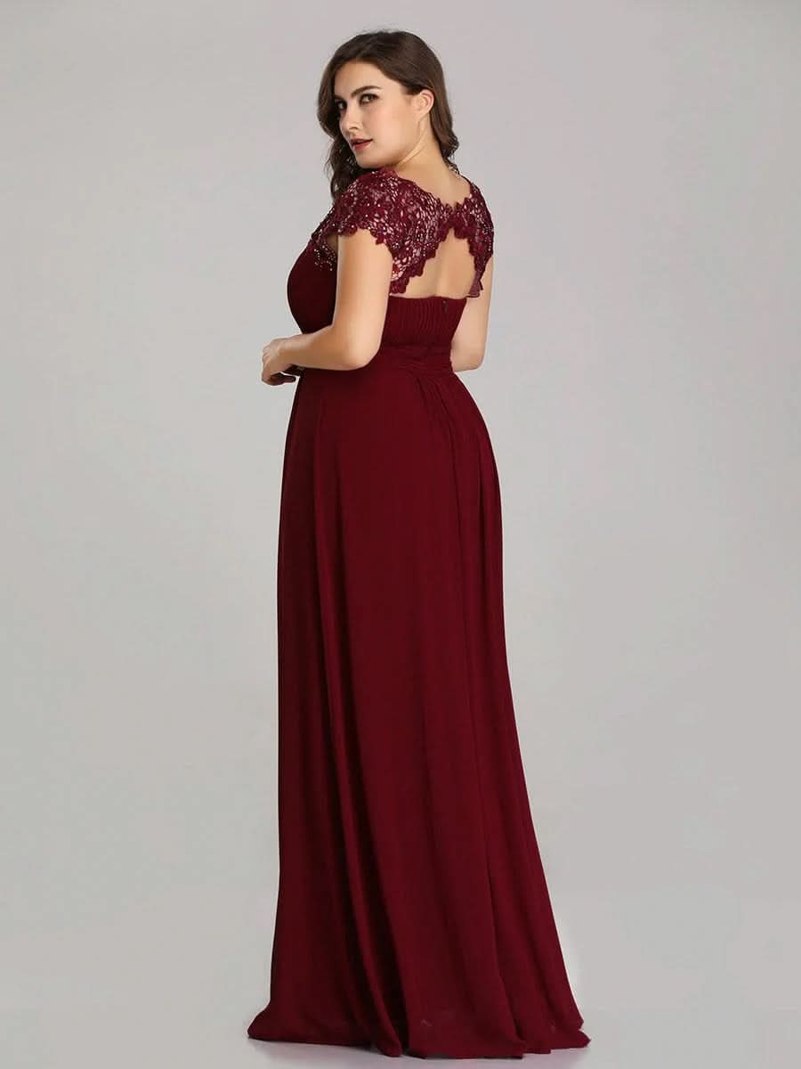 Größe Nach Maß Damen Kurzarm Spitze&Chiffon Lange Abendkleider mit offenem Rücken 09996 #Farbe_Burgundy