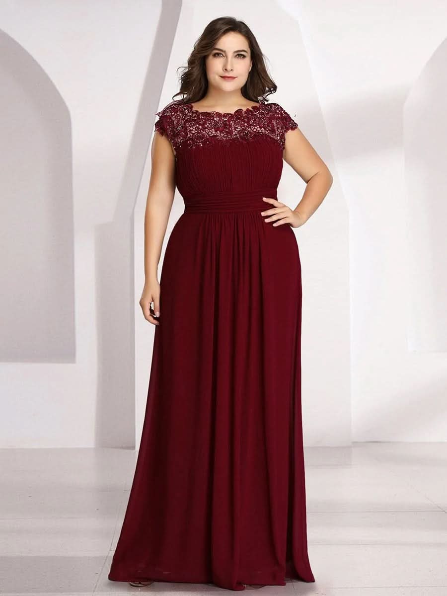 Größe Nach Maß Damen Kurzarm Spitze&Chiffon Lange Abendkleider mit offenem Rücken 09996 #Farbe_Burgundy