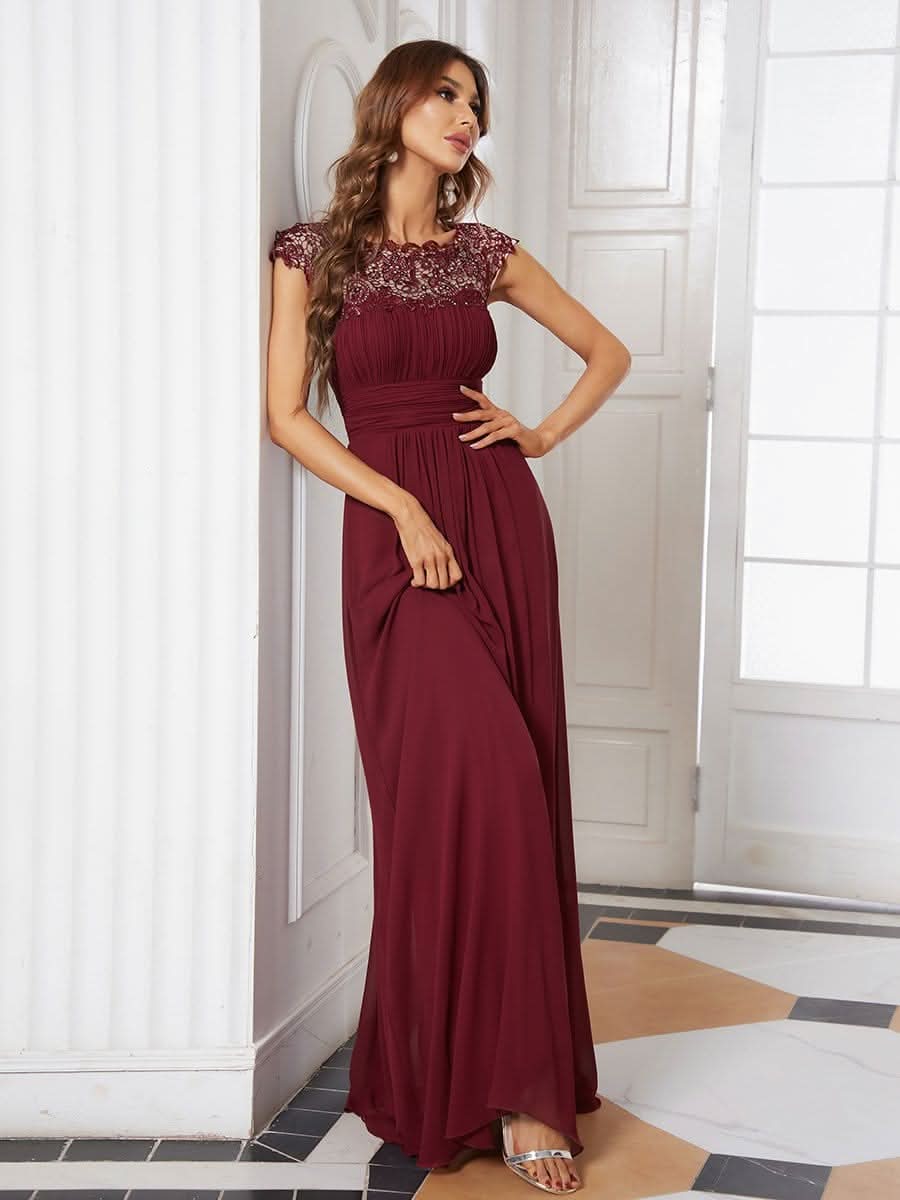 Kurzarm Lange Maxikleid Hochzeitsgast mit Offenem Rücken #Farbe_Burgundy