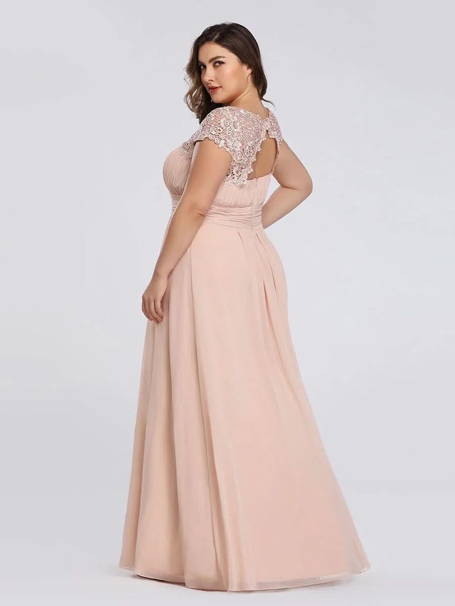 Größe Nach Maß Damen Kurzarm Spitze&Chiffon Lange Abendkleider mit offenem Rücken 09996