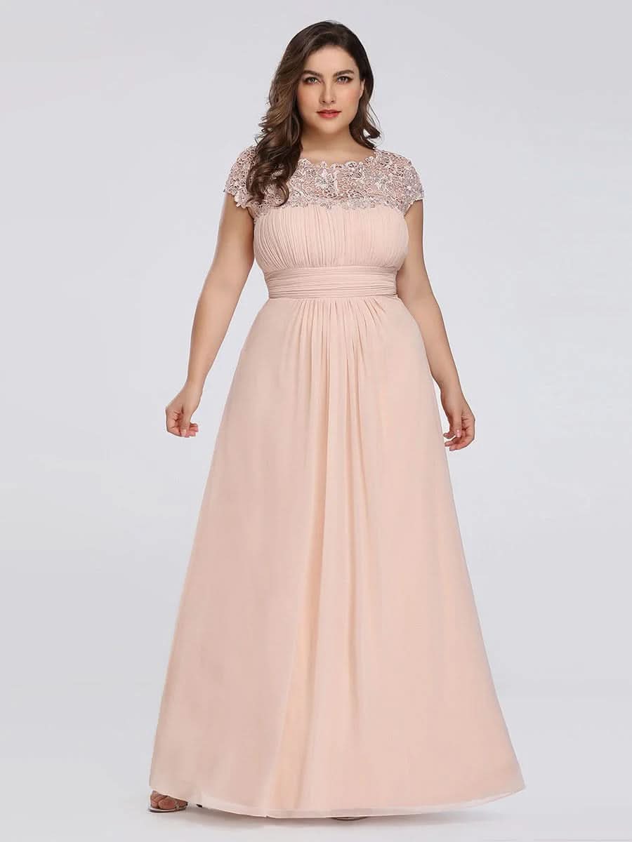 Größe Nach Maß Damen Kurzarm Spitze&Chiffon Lange Abendkleider mit offenem Rücken 09996 #Farbe_Blush