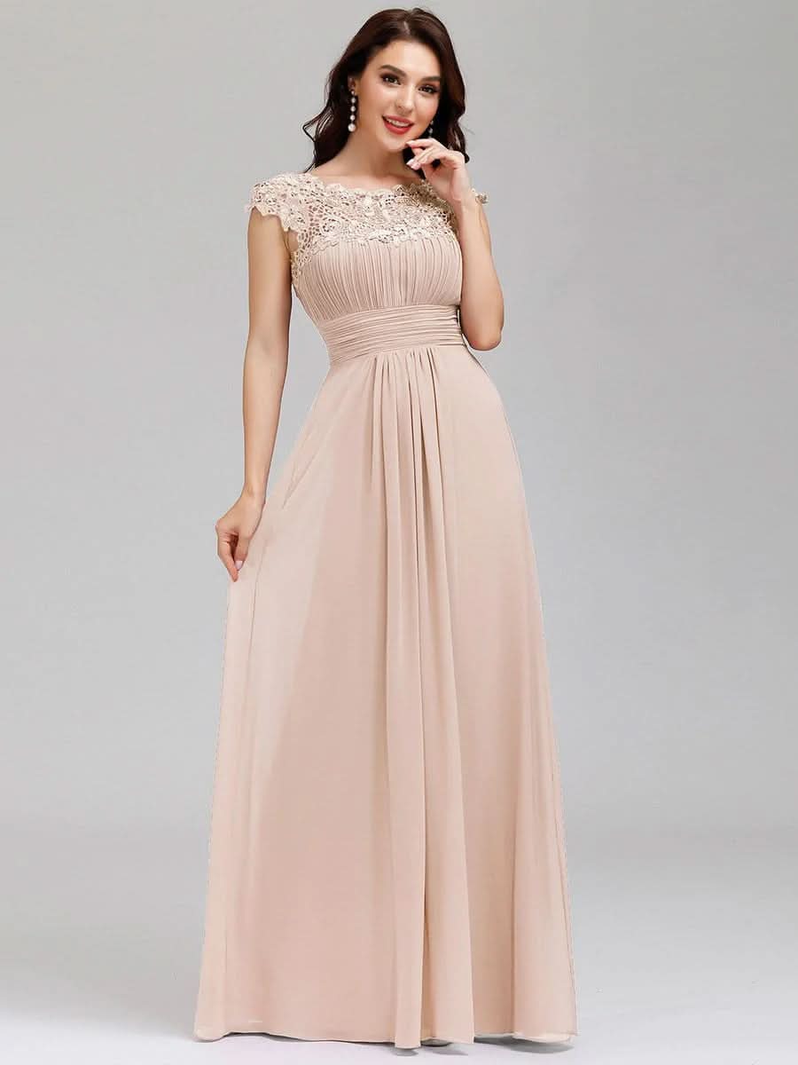 Größe Nach Maß Damen Kurzarm Spitze&Chiffon Lange Abendkleider mit offenem Rücken 09996 #Farbe_Blush
