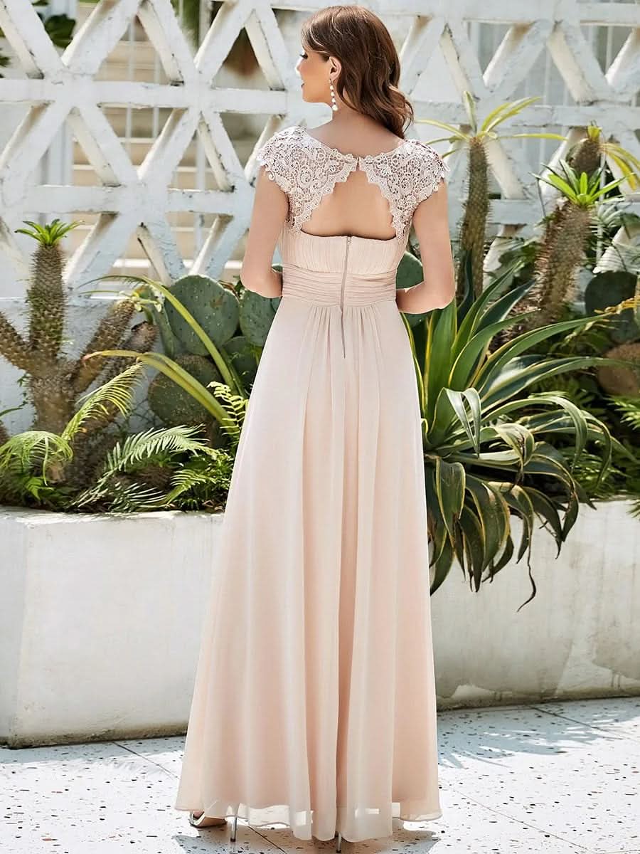 Größe Nach Maß Damen Kurzarm Spitze&Chiffon Lange Abendkleider mit offenem Rücken 09996 #Farbe_Blush
