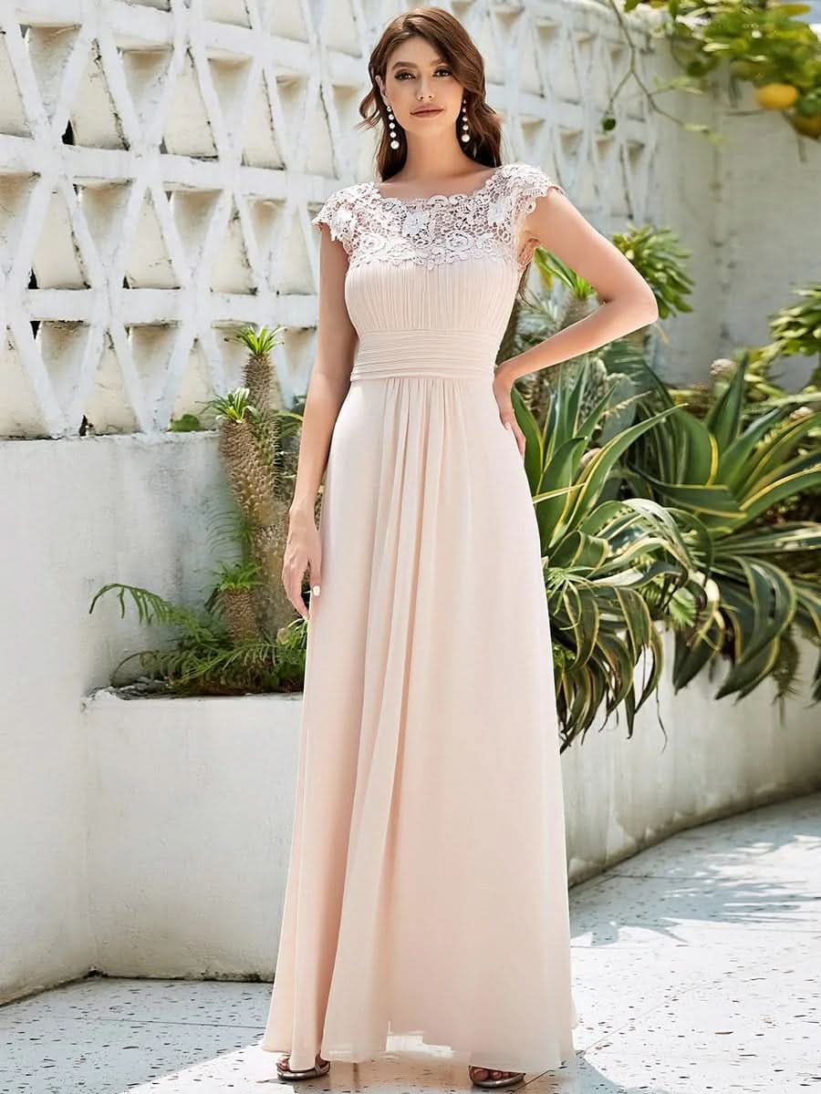 Größe Nach Maß Damen Kurzarm Spitze&Chiffon Lange Abendkleider mit offenem Rücken 09996 #Farbe_Blush