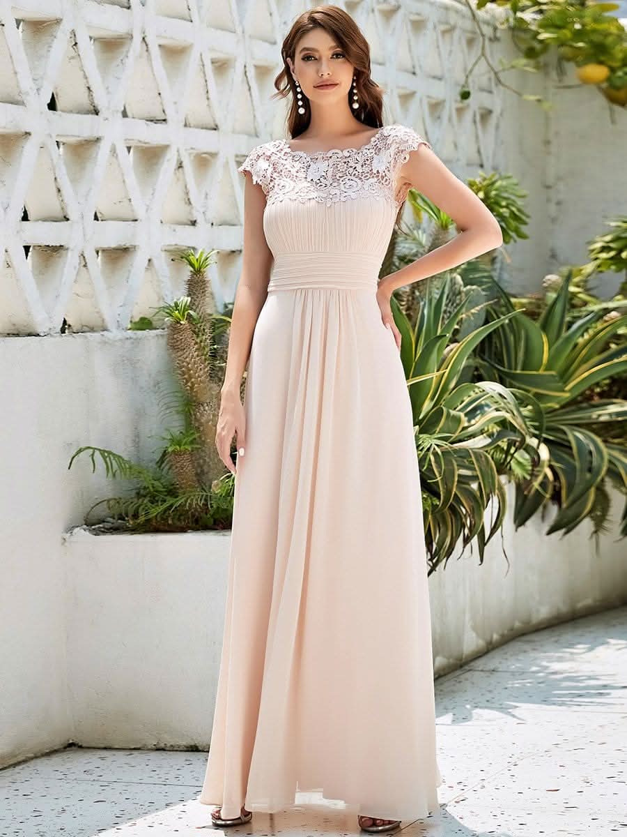 Kurzarm Lange Maxikleid Hochzeitsgast mit Offenem Rücken #Farbe_Blush