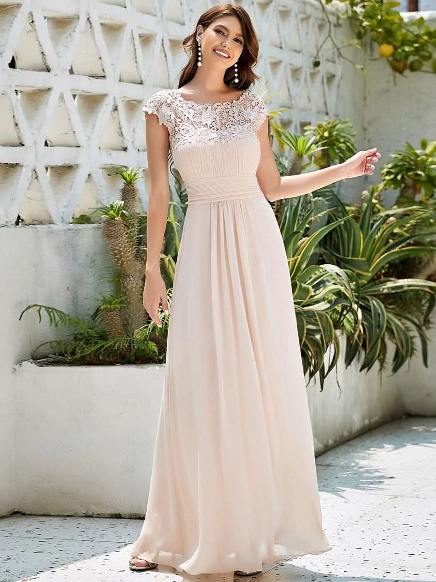 Größe Nach Maß Damen Kurzarm Spitze&Chiffon Lange Abendkleider mit offenem Rücken 09996 #Farbe_Blush