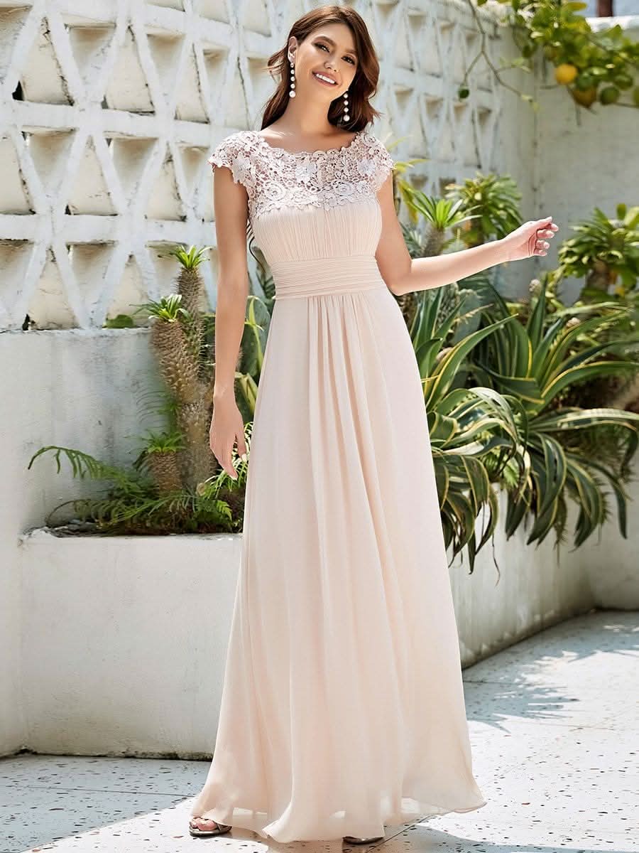 Kurzarm Lange Maxikleid Hochzeitsgast mit Offenem Rücken #Farbe_Blush