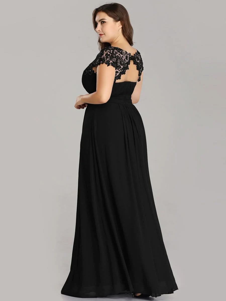 Größe Nach Maß Damen Kurzarm Spitze&Chiffon Lange Abendkleider mit offenem Rücken 09996 #Farbe_Schwarz