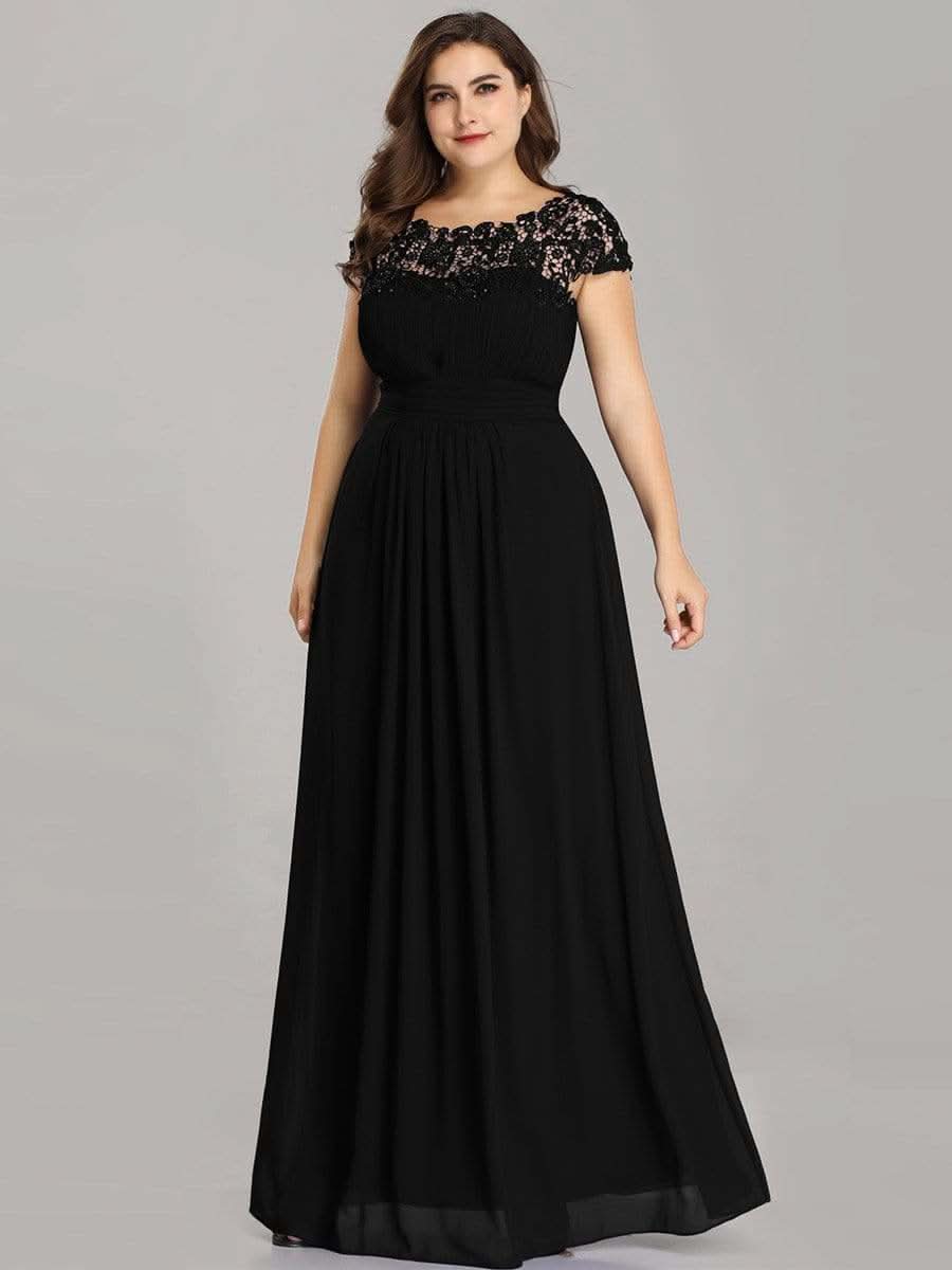 Color=Schwarz | Plus Size Damen Lace Kurzarme Chiffon Lange Abendkleider 09993-Schwarz 3