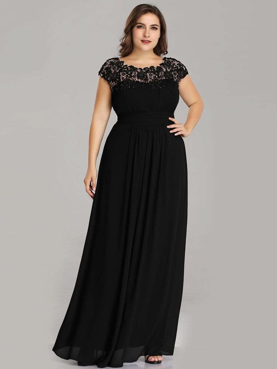 Color=Schwarz | Plus Size Damen Lace Kurzarme Chiffon Lange Abendkleider 09993-Schwarz 4