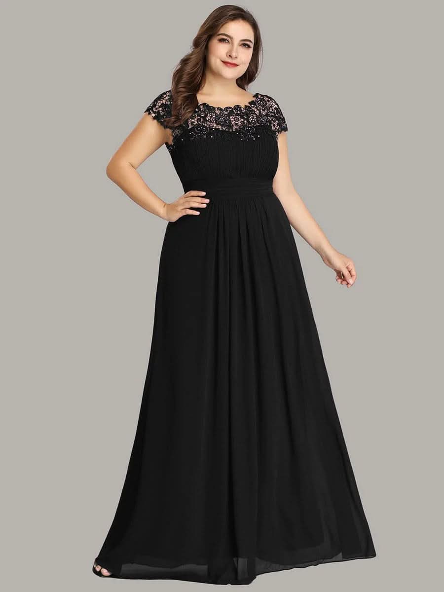 Größe Nach Maß Damen Kurzarm Spitze&Chiffon Lange Abendkleider mit offenem Rücken 09996