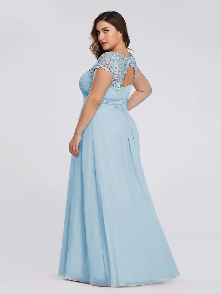 Größe Nach Maß Damen Kurzarm Spitze&Chiffon Lange Abendkleider mit offenem Rücken 09996 #Farbe_Blau