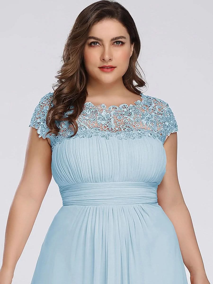 Größe Nach Maß Damen Kurzarm Spitze&Chiffon Lange Abendkleider mit offenem Rücken 09996 #Farbe_Blau