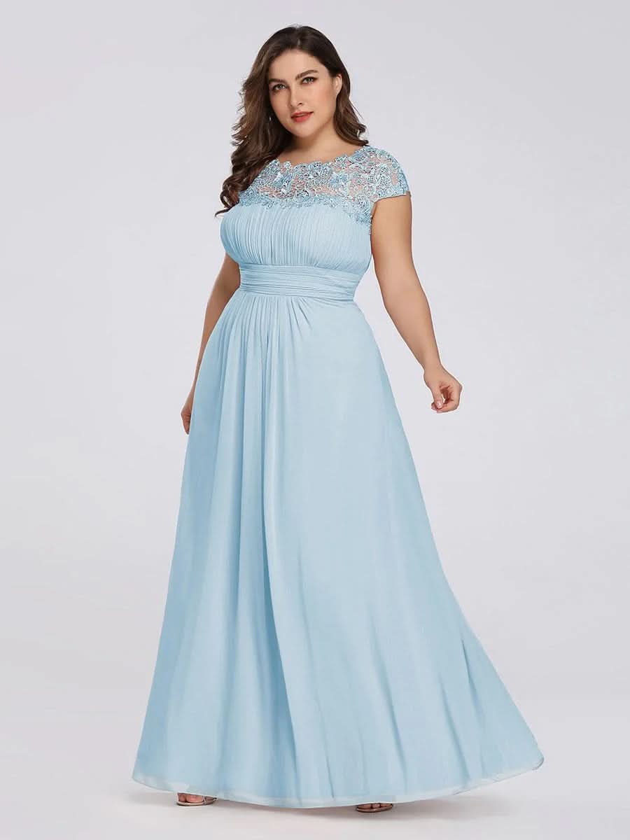 Größe Nach Maß Damen Kurzarm Spitze&Chiffon Lange Abendkleider mit offenem Rücken 09996 #Farbe_Blau