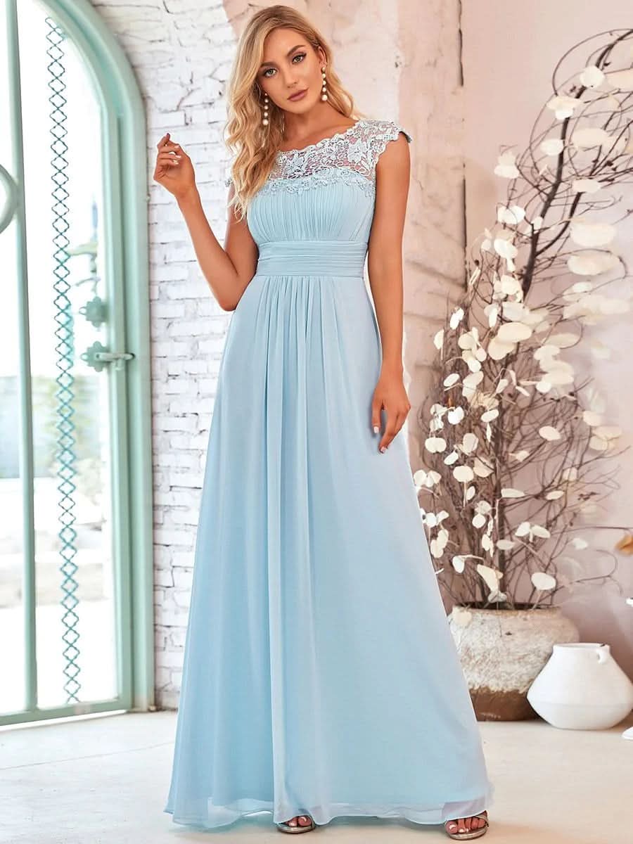 Größe Nach Maß Damen Kurzarm Spitze&Chiffon Lange Abendkleider mit offenem Rücken 09996 #Farbe_Blau