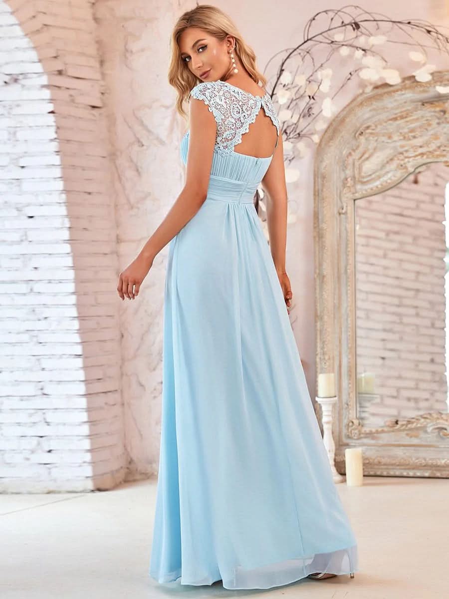Größe Nach Maß Damen Kurzarm Spitze&Chiffon Lange Abendkleider mit offenem Rücken 09996 #Farbe_Blau