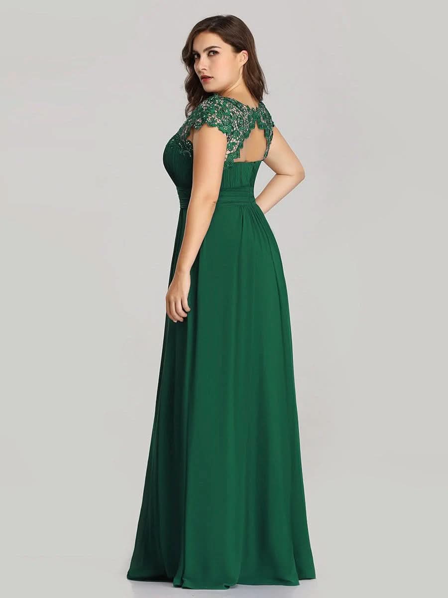 Größe Nach Maß Damen Kurzarm Spitze&Chiffon Lange Abendkleider mit offenem Rücken 09996