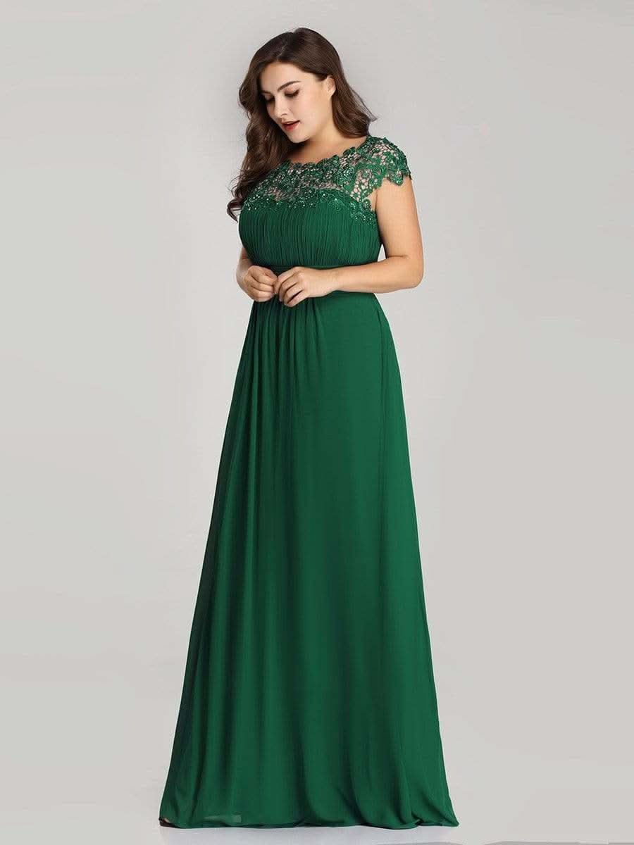 Color=Dunkel Gruen | Plus Size Damen Lace Kurzarme Chiffon Lange Abendkleider 09993-Dunkel Gruen 3