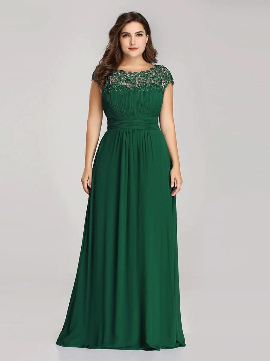 Größe Nach Maß Damen Kurzarm Spitze&Chiffon Lange Abendkleider mit offenem Rücken 09996 #Farbe_Dunkel Gruen