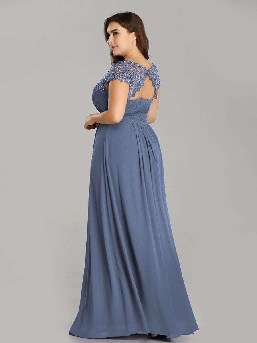 Color=Dusty Navy | Plus Size Damen Lace Kurzarme Chiffon Lange Abendkleider 09993-Dusty Navy 2