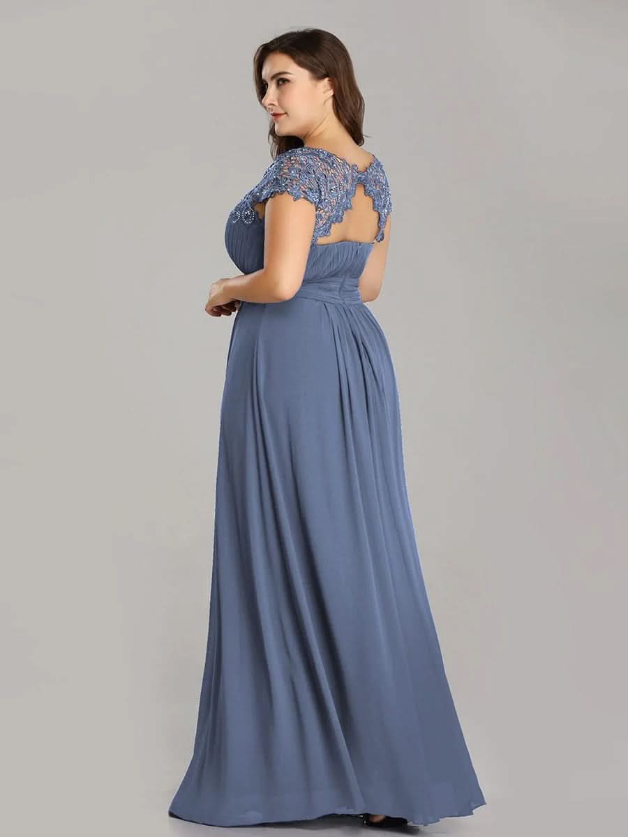 Größe Nach Maß Damen Kurzarm Spitze&Chiffon Lange Abendkleider mit offenem Rücken 09996 #Farbe_Dusty Navy
