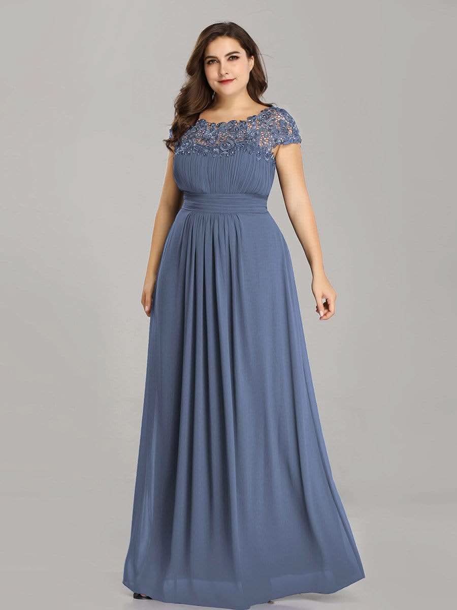 Color=Dusty Navy | Plus Size Damen Lace Kurzarme Chiffon Lange Abendkleider 09993-Dusty Navy 3
