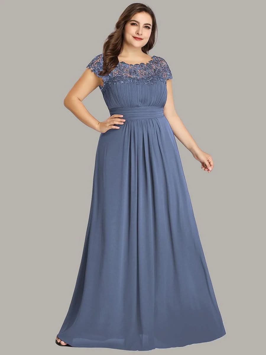 Größe Nach Maß Damen Kurzarm Spitze&Chiffon Lange Abendkleider mit offenem Rücken 09996