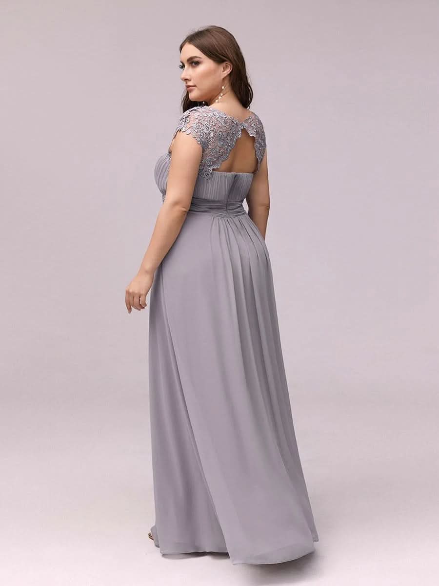 Größe Nach Maß Damen Kurzarm Spitze&Chiffon Lange Abendkleider mit offenem Rücken 09996 #Farbe_Grau