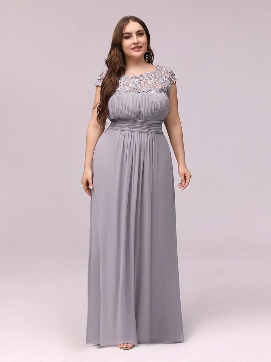 Größe Nach Maß Damen Kurzarm Spitze&Chiffon Lange Abendkleider mit offenem Rücken 09996 #Farbe_Grau
