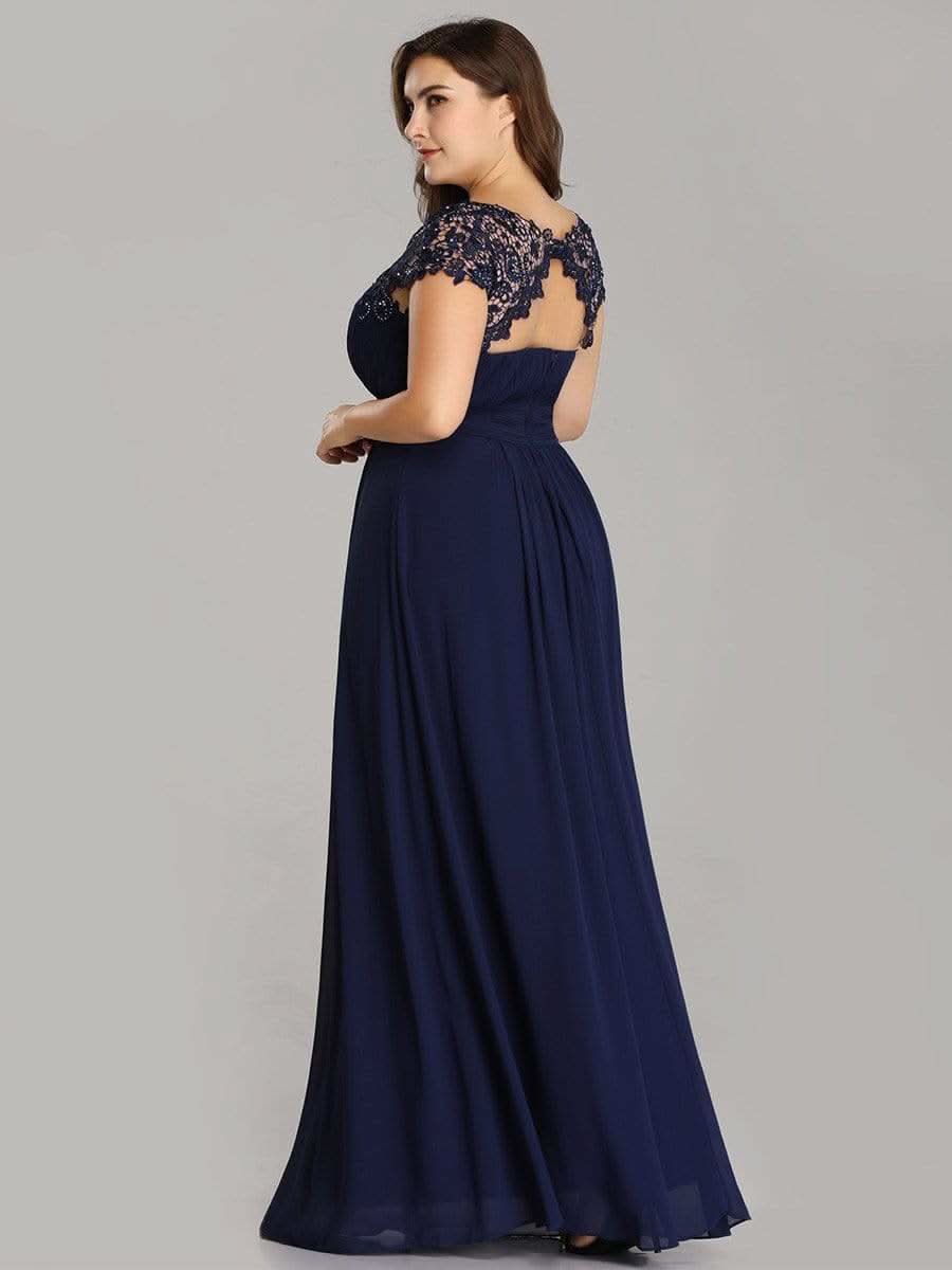 Damen Kurzarm Spitze&Chiffon Lange Abendkleider mit offenem Rücken 09996 #farbe_Navy Blau