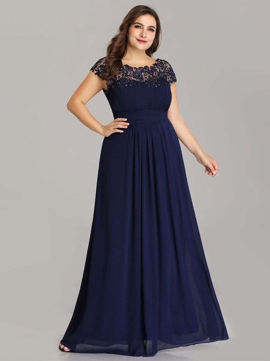 Damen Kurzarm Spitze&Chiffon Lange Abendkleider mit offenem Rücken 09996 #farbe_Navy Blau