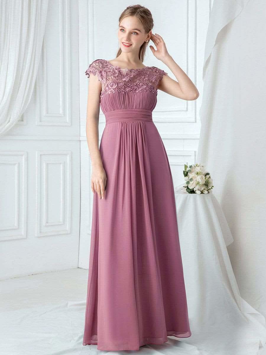 Damen Kurzarm Spitze&Chiffon Lange Abendkleider mit offenem Rücken 09996 #farbe_Orchid