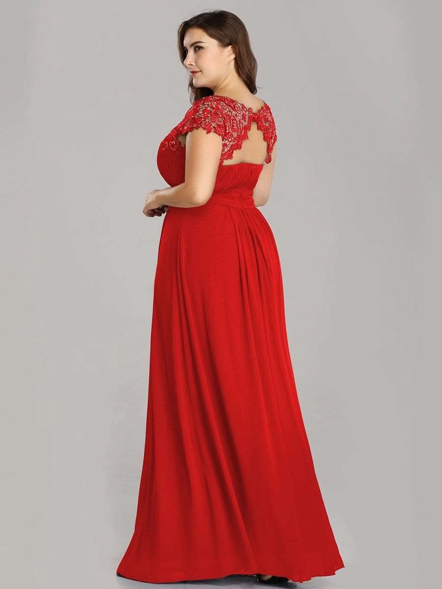 Color=Rot | Damen Lace Rueckseite Offen Kurzarme Chiffon Lange Abendkleider 09993-Rot 6